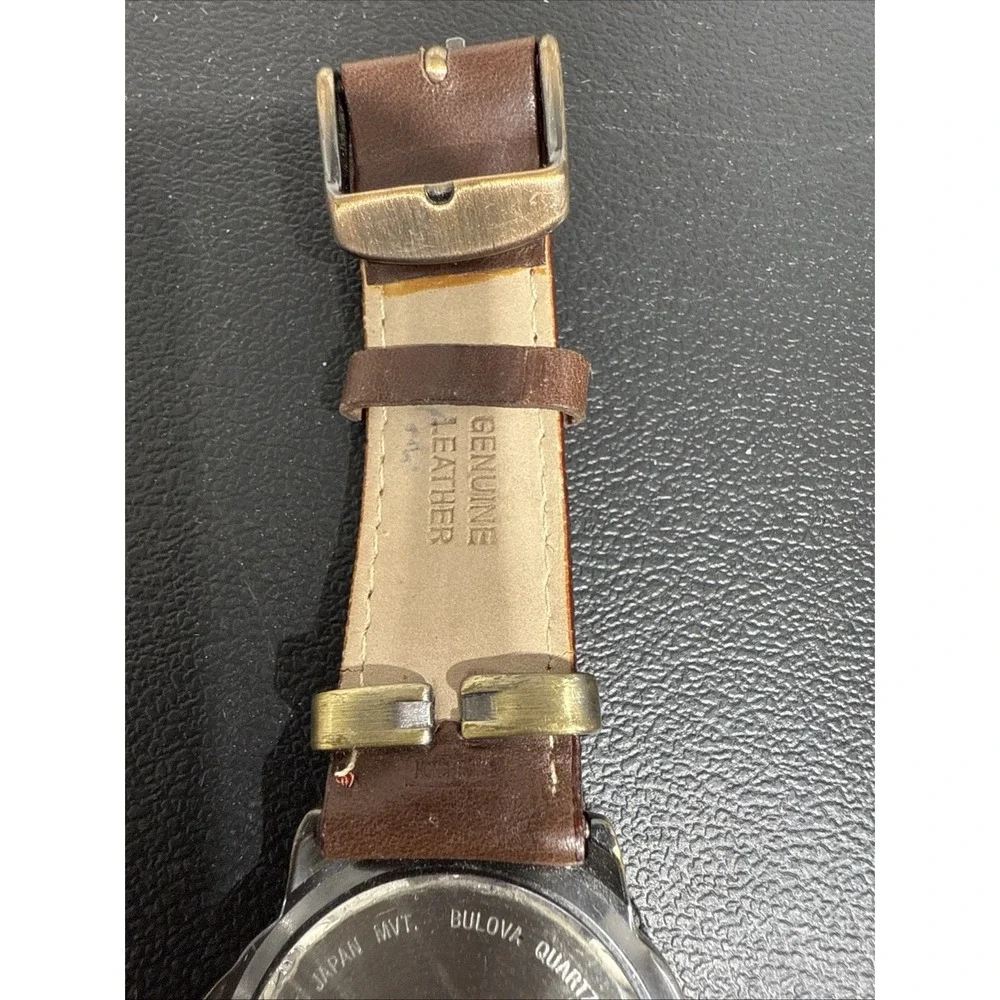 Bulova Harley-Davidson Quartz Wristwatch Gold Tone Brown Leather Band‎